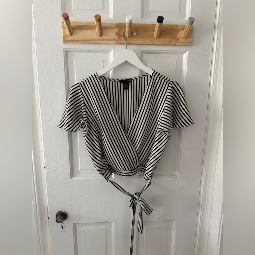 Aqua Black and White Striped V-Neck Blouse - Cropped with Ties